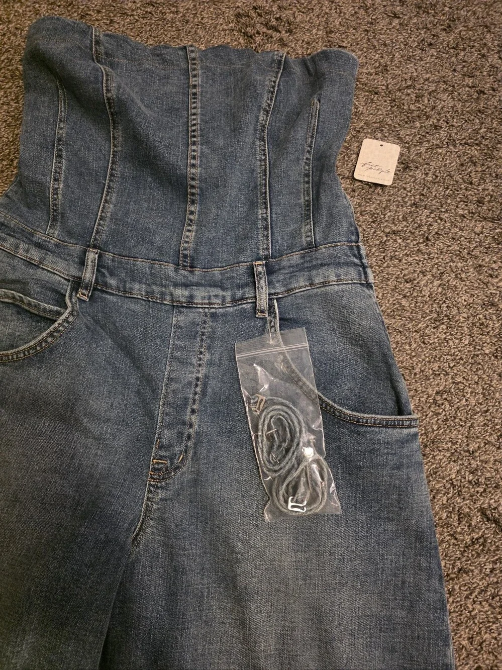 We The Free Free People Je Suis Pret Denim Strapless Barrel Leg Jumpsuit NWT M - Picture 6 of 16